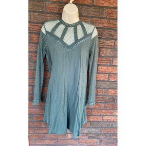 Green Dress Lace Bodice Sleeves Small Keyhole Back Button Long Sleeve Lined Vtg